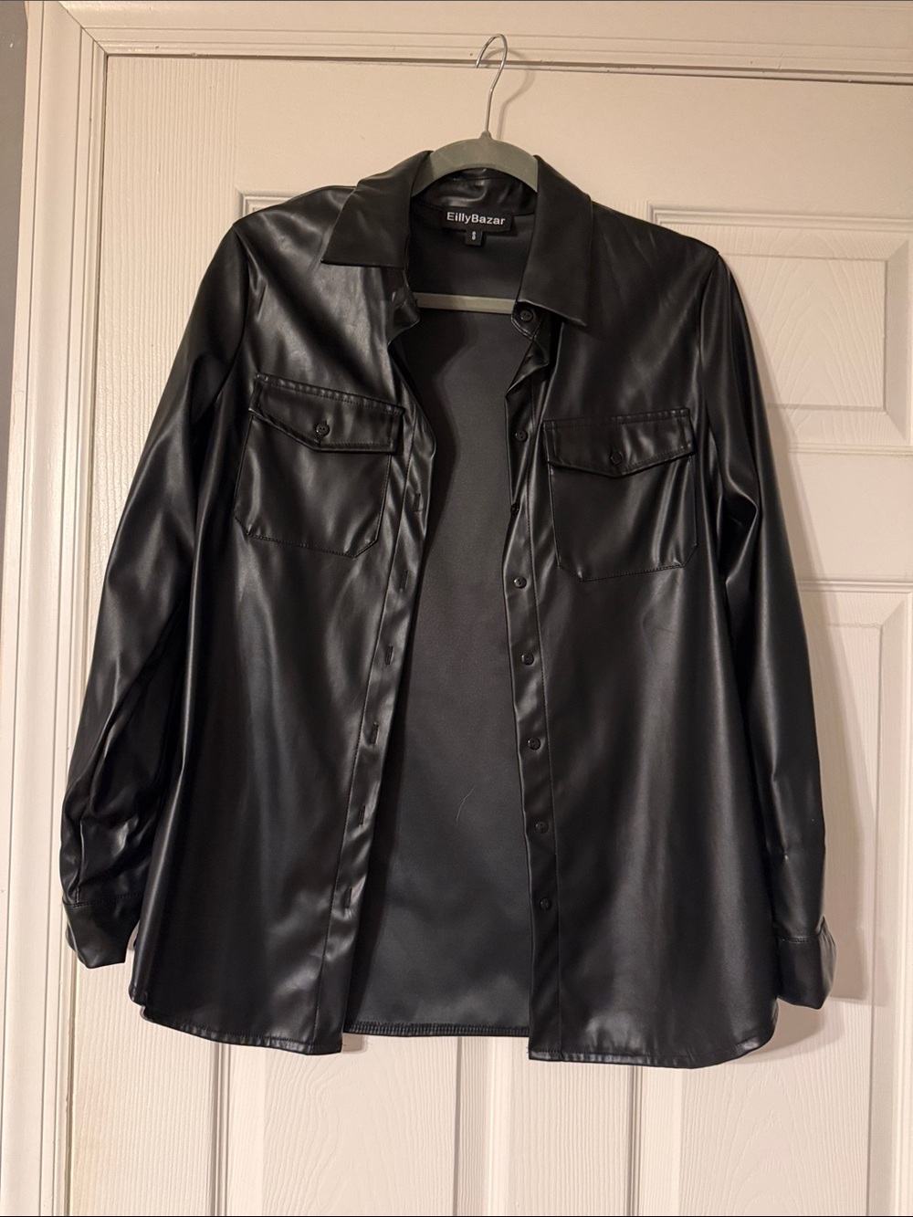 EillyBazar Women's Black Faux Leather Button-Front Jacket